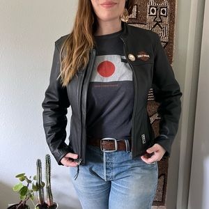 Black Leather Harley Davidson motorcycle Jacket.